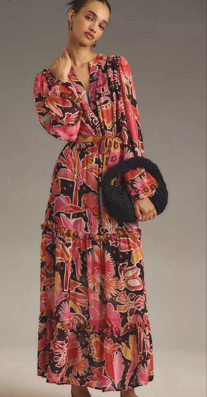 Farm Rio Long-Sleeve Floral Tiered Maxi Dress